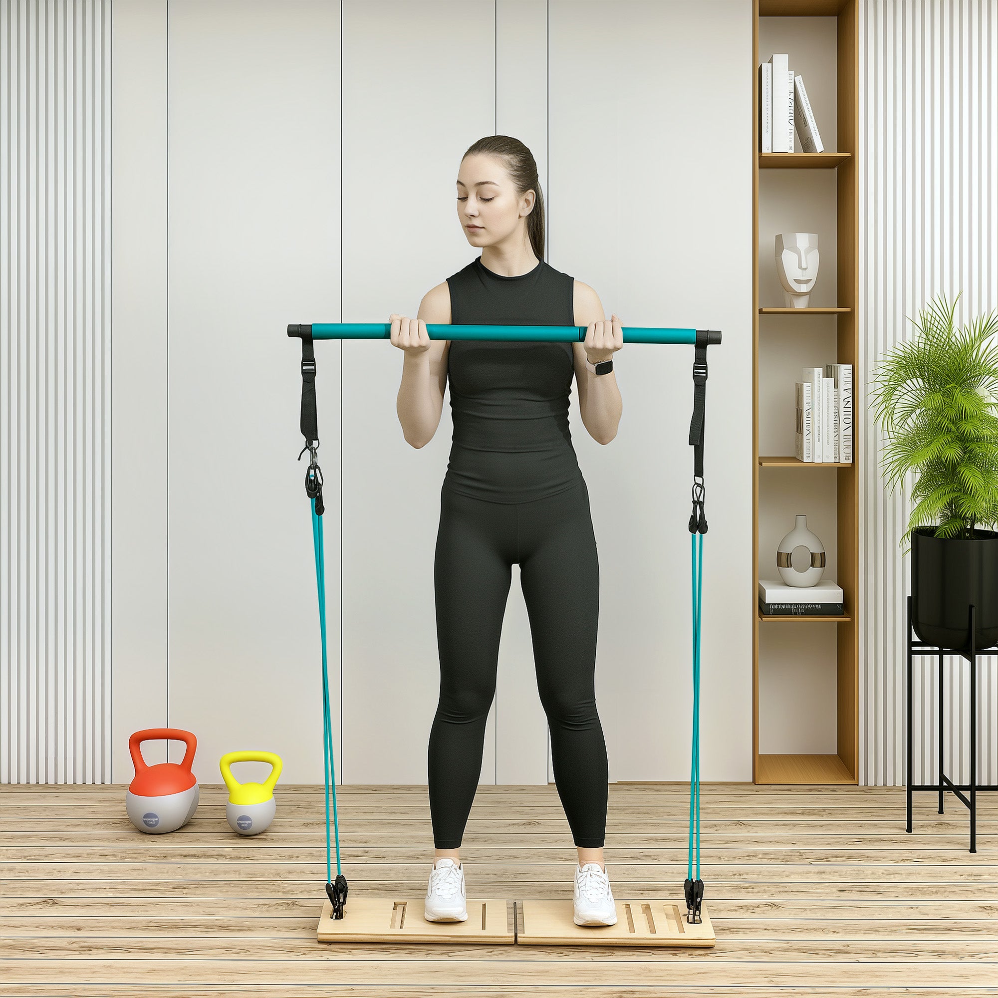 SPORTNOW Pilates Bar Kit with 6 Resistance Bands and Adjustable Inclined Board, Pilates Workout Equipment for Home, Blue
