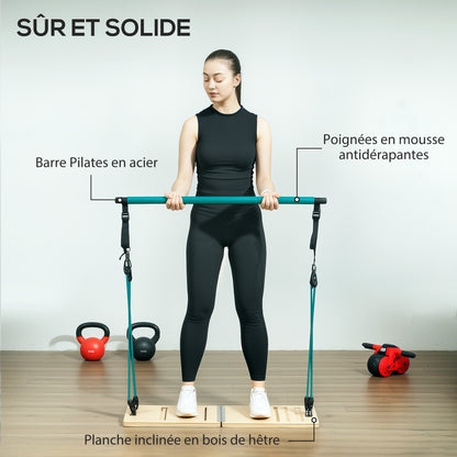 SPORTNOW Pilates Bar Kit with 6 Resistance Bands and Adjustable Inclined Board, Pilates Workout Equipment for Home, Blue