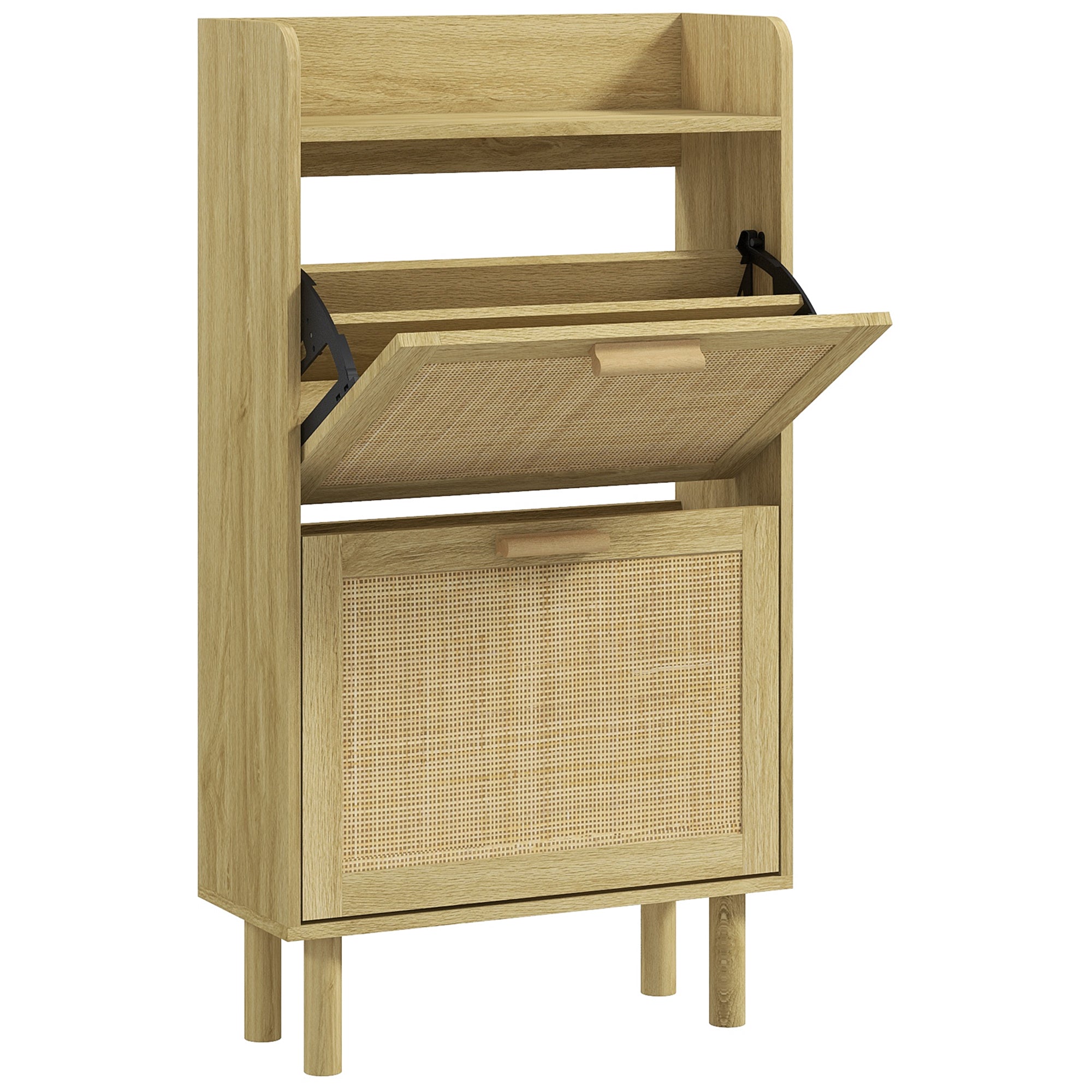 Entryway Shoe Storage Cabinet Bohemian Style Shoe Cabinet for 18 Pairs of Shoes with 2 Folding Drawers and 1 Open Shelf Narrow Shoe Cabinet for Hallway Entryway 80x24.5x110 cm Oak