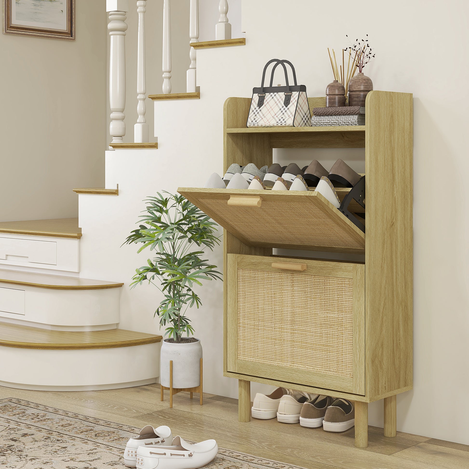 Entryway Shoe Storage Cabinet Bohemian Style Shoe Cabinet for 18 Pairs of Shoes with 2 Folding Drawers and 1 Open Shelf Narrow Shoe Cabinet for Hallway Entryway 80x24.5x110 cm Oak