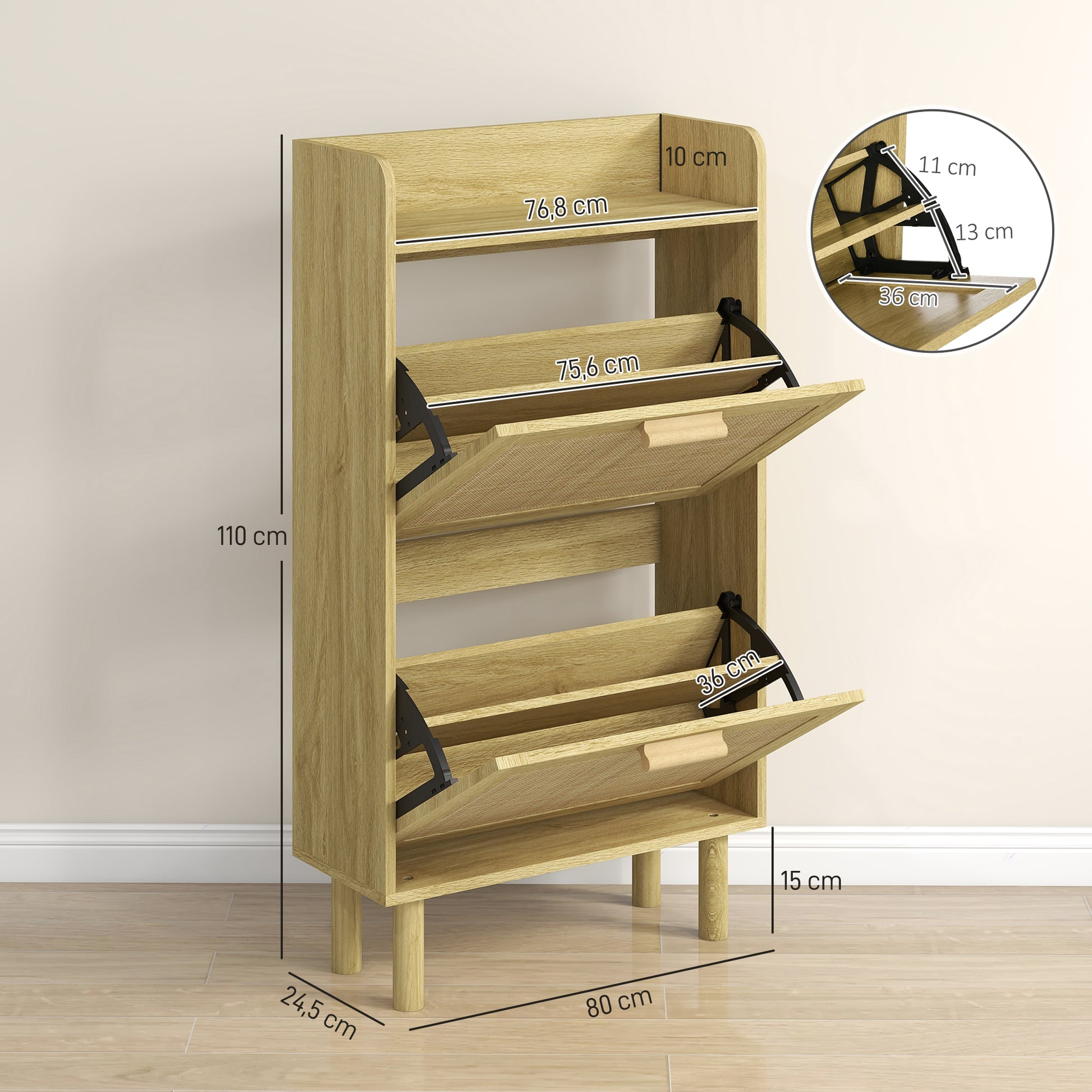 Entryway Shoe Storage Cabinet Bohemian Style Shoe Cabinet for 18 Pairs of Shoes with 2 Folding Drawers and 1 Open Shelf Narrow Shoe Cabinet for Hallway Entryway 80x24.5x110 cm Oak