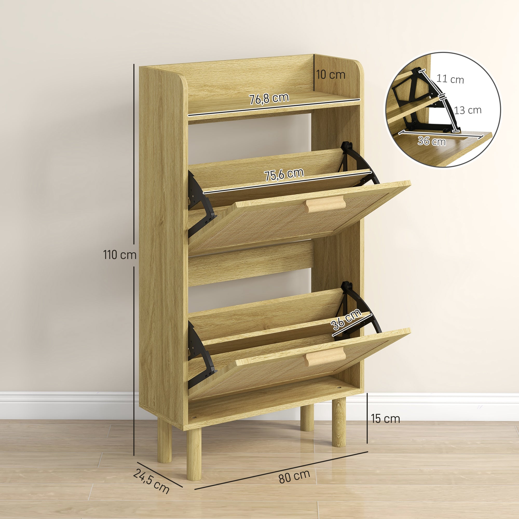 Entryway Shoe Storage Cabinet Bohemian Style Shoe Cabinet for 18 Pairs of Shoes with 2 Folding Drawers and 1 Open Shelf Narrow Shoe Cabinet for Hallway Entryway 80x24.5x110 cm Oak