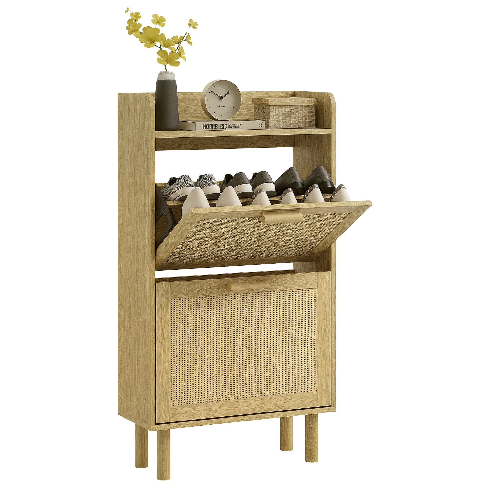 Entryway Shoe Storage Cabinet Bohemian Style Shoe Cabinet for 18 Pairs of Shoes with 2 Folding Drawers and 1 Open Shelf Narrow Shoe Cabinet for Hallway Entryway 80x24.5x110 cm Oak