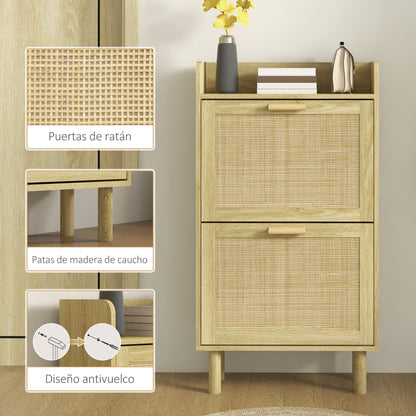 Entryway Shoe Storage Cabinet Bohemian Style Shoe Cabinet for 18 Pairs of Shoes with 2 Folding Drawers and 1 Open Shelf Narrow Shoe Cabinet for Hallway Entryway 80x24.5x110 cm Oak