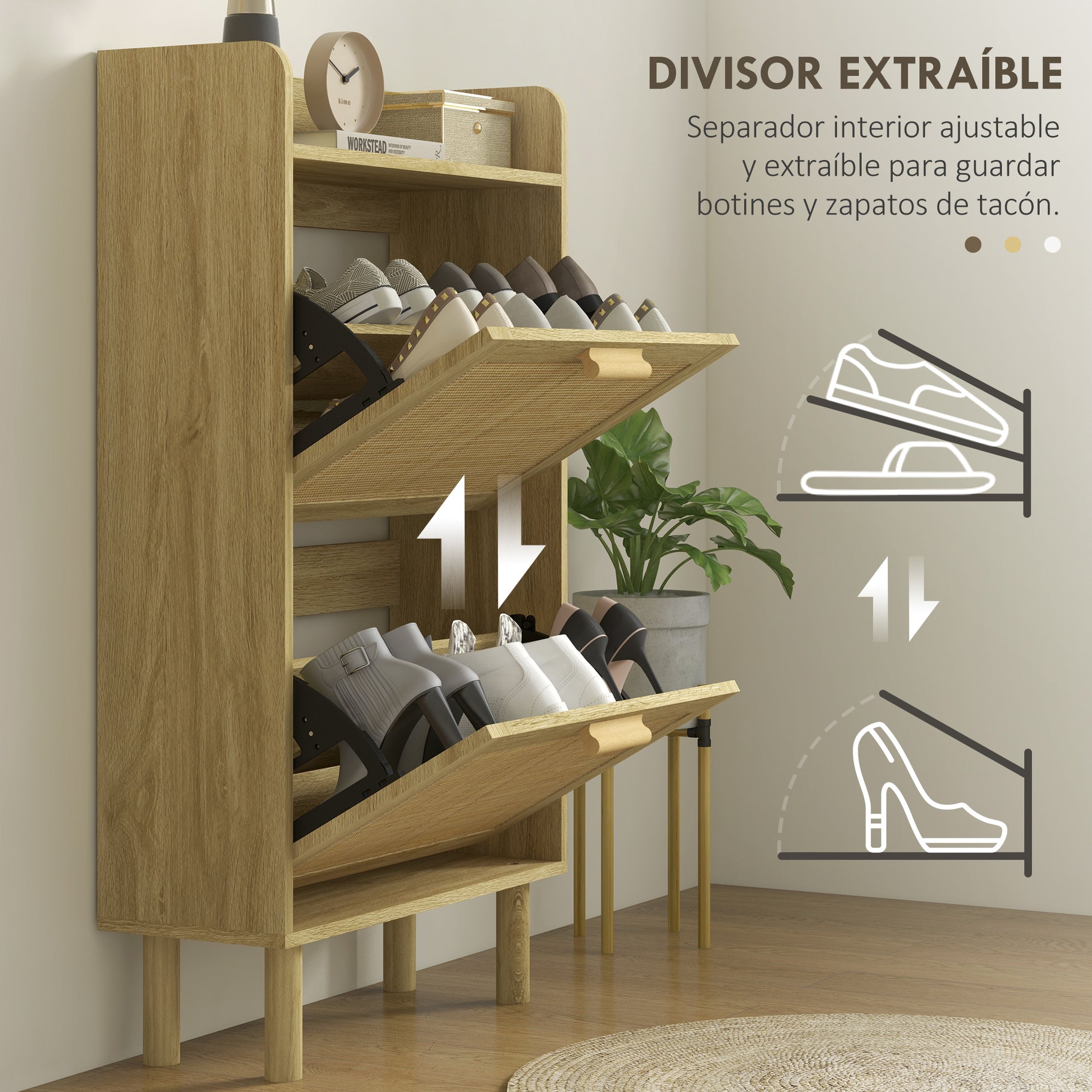 Entryway Shoe Storage Cabinet Bohemian Style Shoe Cabinet for 18 Pairs of Shoes with 2 Folding Drawers and 1 Open Shelf Narrow Shoe Cabinet for Hallway Entryway 80x24.5x110 cm Oak