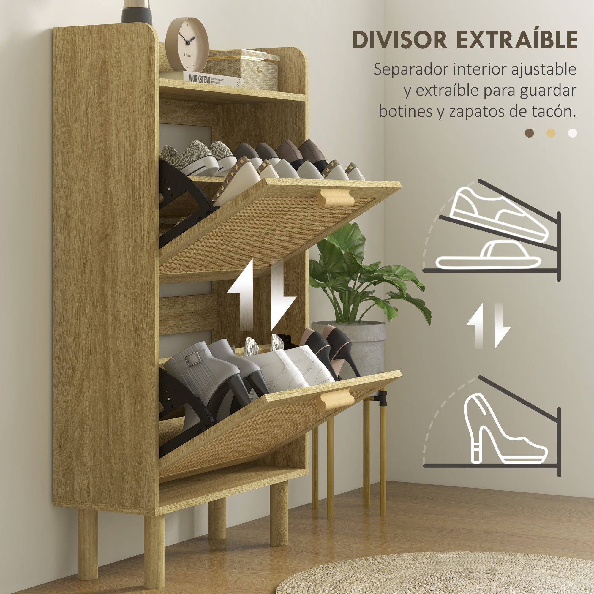 Entryway Shoe Storage Cabinet Bohemian Style Shoe Cabinet for 18 Pairs of Shoes with 2 Folding Drawers and 1 Open Shelf Narrow Shoe Cabinet for Hallway Entryway 80x24.5x110 cm Oak