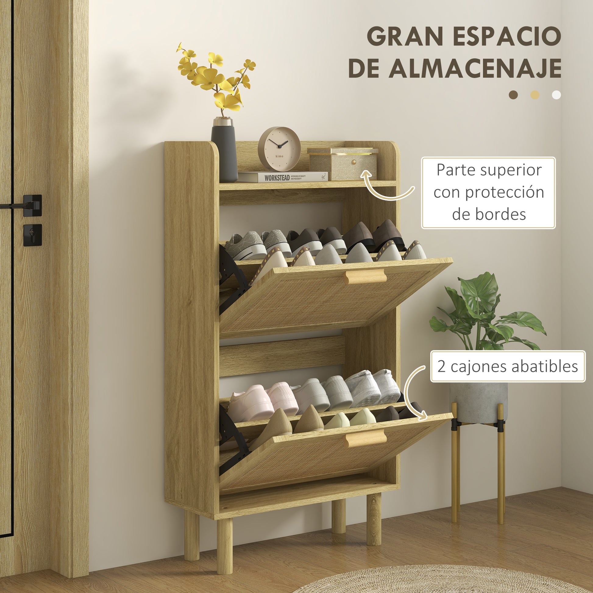 Entryway Shoe Storage Cabinet Bohemian Style Shoe Cabinet for 18 Pairs of Shoes with 2 Folding Drawers and 1 Open Shelf Narrow Shoe Cabinet for Hallway Entryway 80x24.5x110 cm Oak