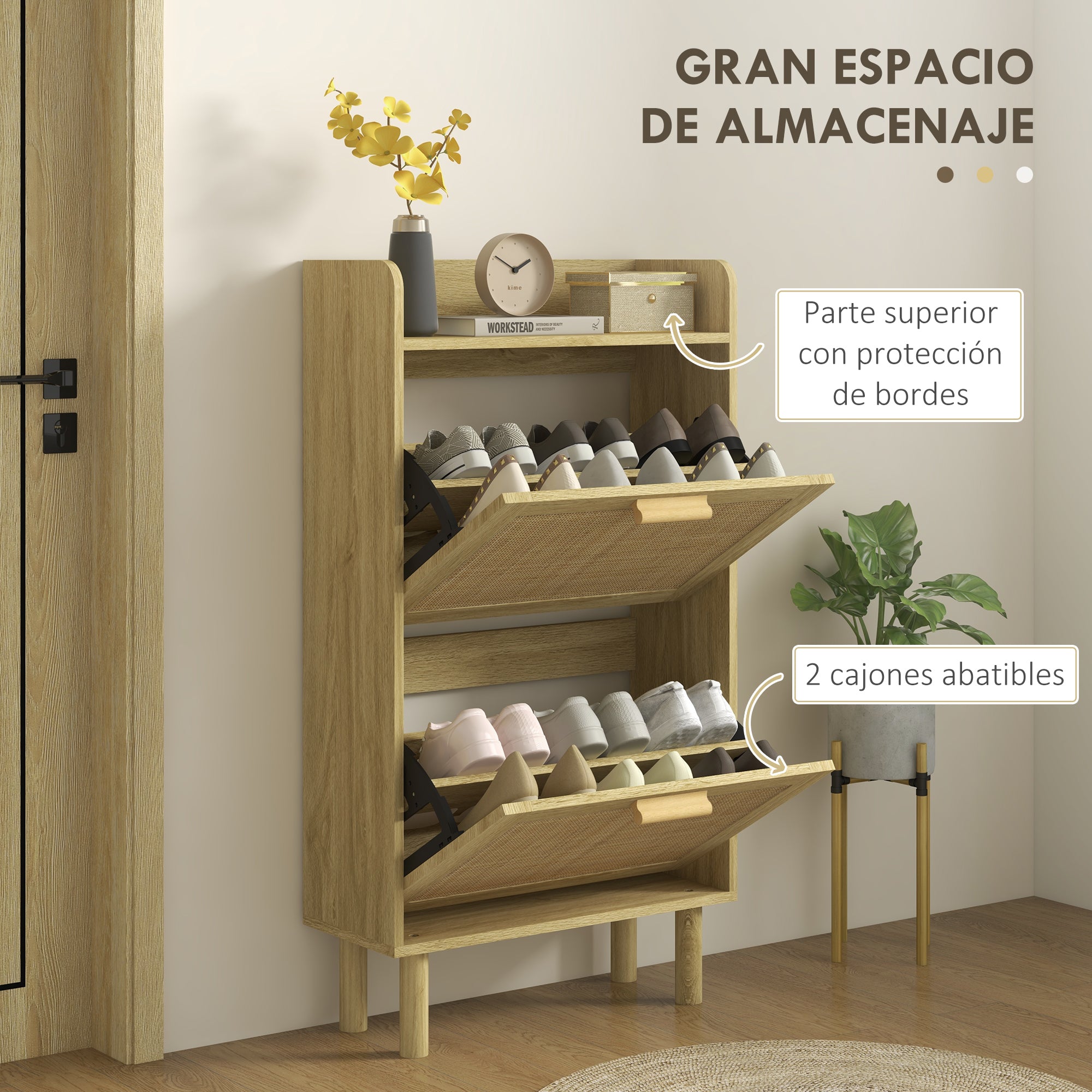 Entryway Shoe Storage Cabinet Bohemian Style Shoe Cabinet for 18 Pairs of Shoes with 2 Folding Drawers and 1 Open Shelf Narrow Shoe Cabinet for Hallway Entryway 80x24.5x110 cm Oak