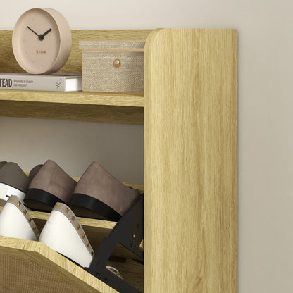 Entryway Shoe Storage Cabinet Bohemian Style Shoe Cabinet for 18 Pairs of Shoes with 2 Folding Drawers and 1 Open Shelf Narrow Shoe Cabinet for Hallway Entryway 80x24.5x110 cm Oak