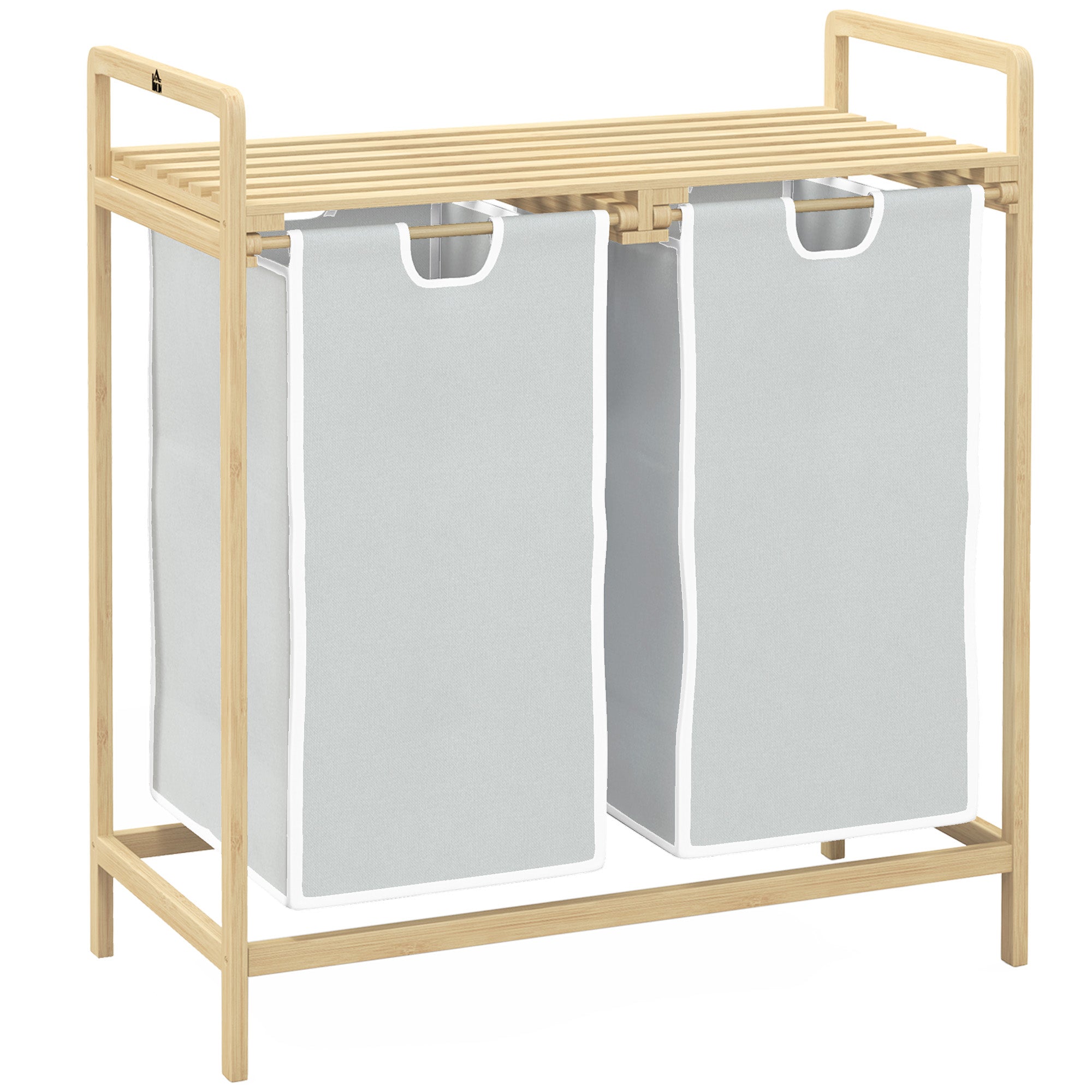 Bamboo Laundry Basket 2 Compartments Laundry Collector with Handle, 2 Removable Laundry Bags, Platform, Laundry Box Laundry Sorter for Laundry Room Bedroom Bathroom Natural + Cream