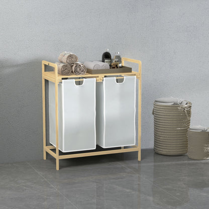 Bamboo Laundry Basket 2 Compartments Laundry Collector with Handle, 2 Removable Laundry Bags, Platform, Laundry Box Laundry Sorter for Laundry Room Bedroom Bathroom Natural + Cream