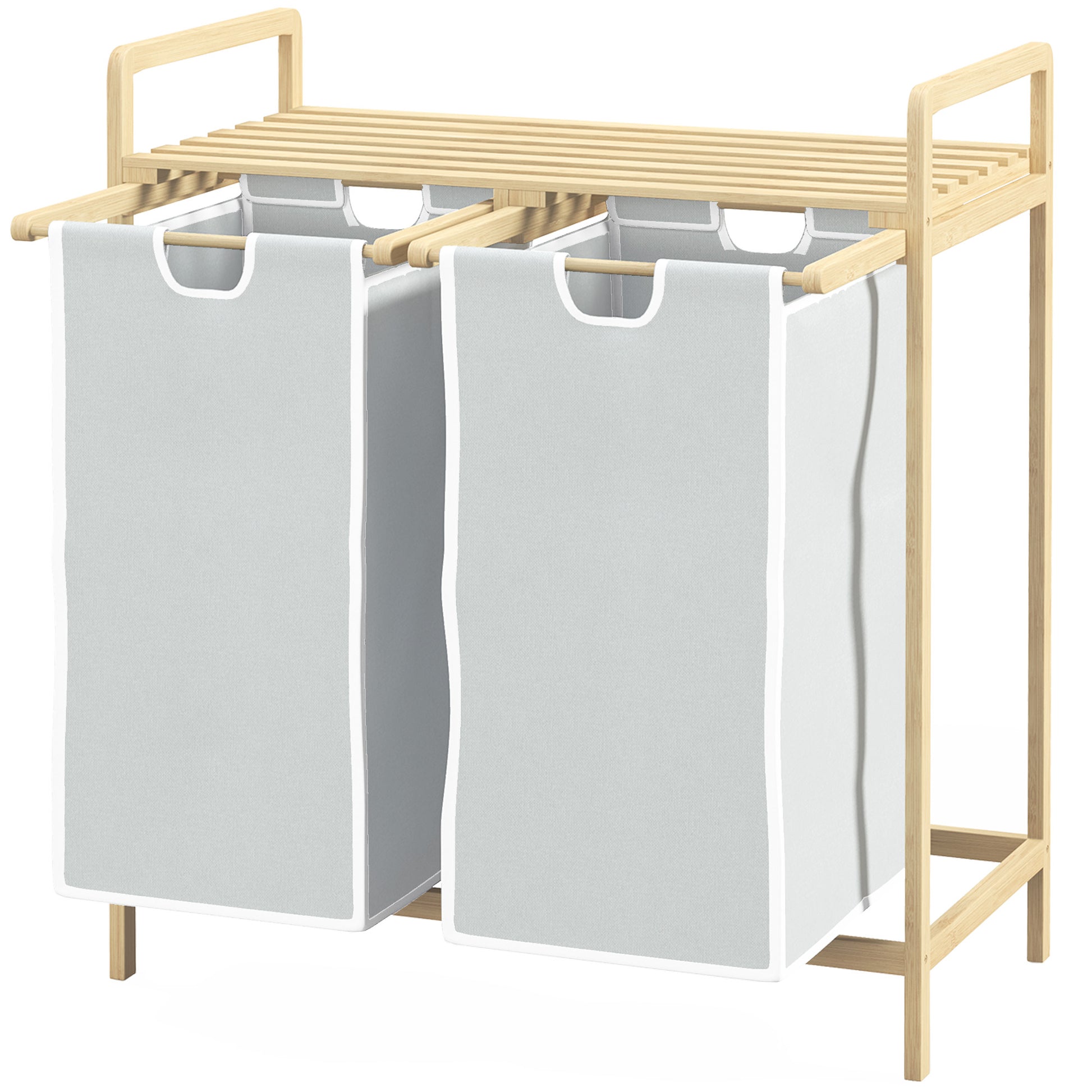 Bamboo Laundry Basket 2 Compartments Laundry Collector with Handle, 2 Removable Laundry Bags, Platform, Laundry Box Laundry Sorter for Laundry Room Bedroom Bathroom Natural + Cream