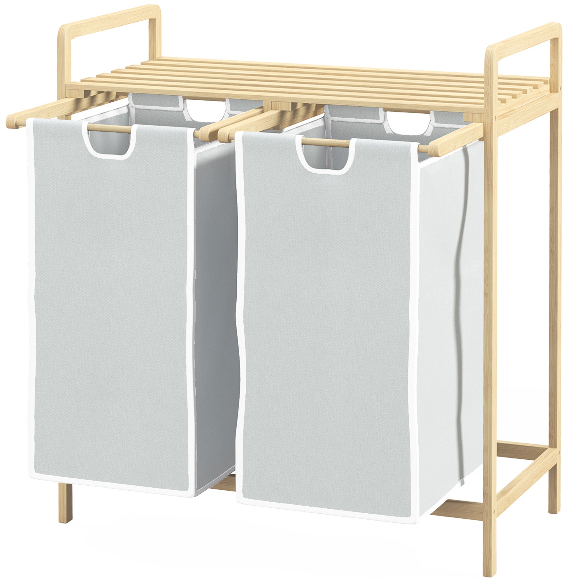 Bamboo Laundry Basket 2 Compartments Laundry Collector with Handle, 2 Removable Laundry Bags, Platform, Laundry Box Laundry Sorter for Laundry Room Bedroom Bathroom Natural + Cream