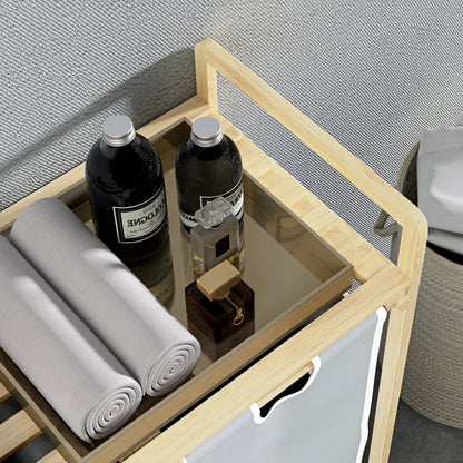 Bamboo Laundry Basket 2 Compartments Laundry Collector with Handle, 2 Removable Laundry Bags, Platform, Laundry Box Laundry Sorter for Laundry Room Bedroom Bathroom Natural + Cream