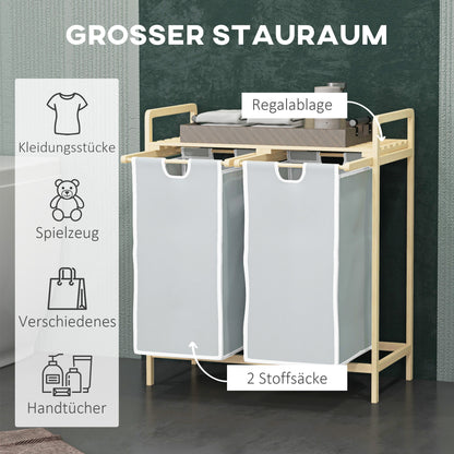 Bamboo Laundry Basket 2 Compartments Laundry Collector with Handle, 2 Removable Laundry Bags, Platform, Laundry Box Laundry Sorter for Laundry Room Bedroom Bathroom Natural + Cream