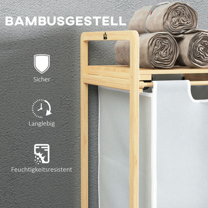 Bamboo Laundry Basket 2 Compartments Laundry Collector with Handle, 2 Removable Laundry Bags, Platform, Laundry Box Laundry Sorter for Laundry Room Bedroom Bathroom Natural + Cream