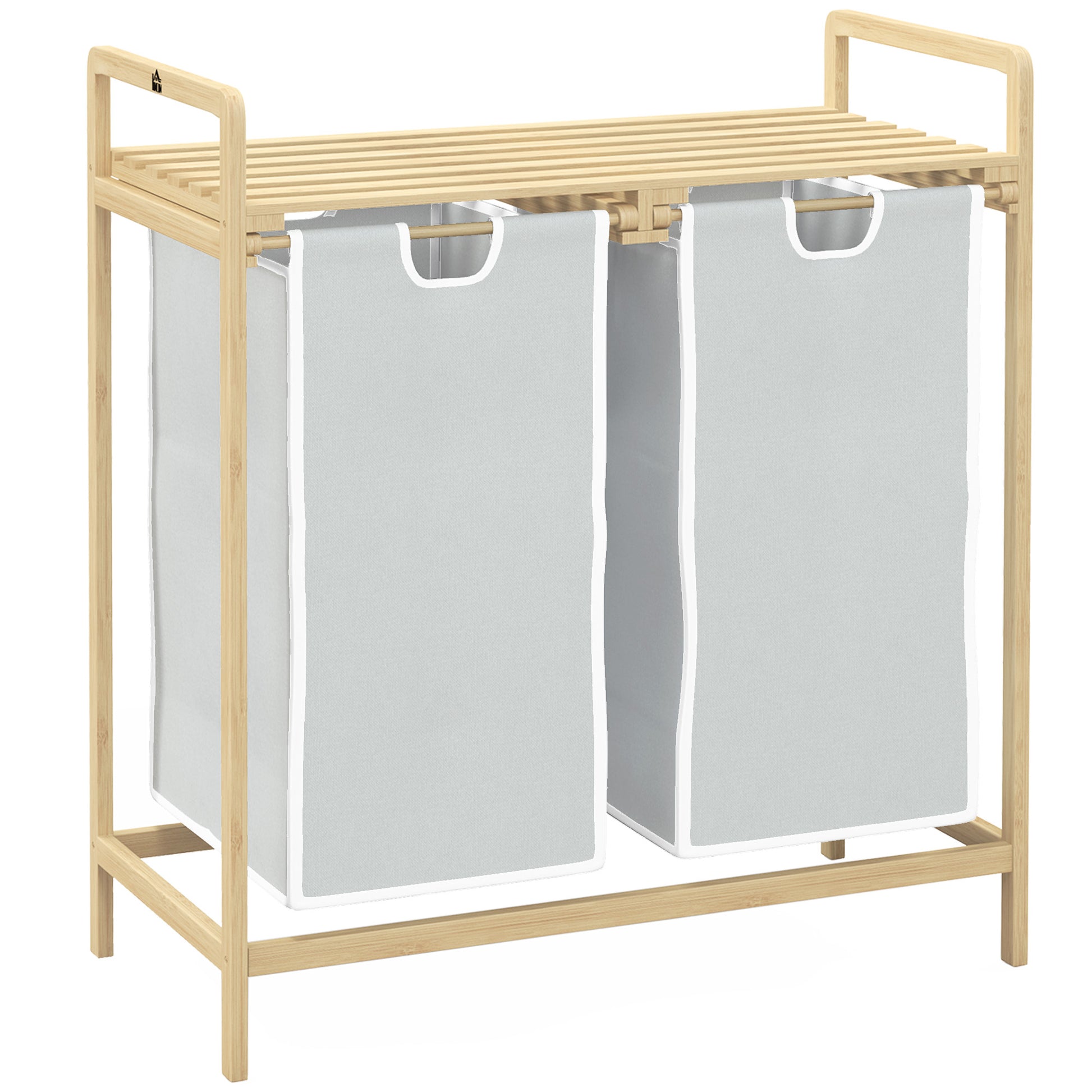 Bamboo Laundry Basket 2 Compartments Laundry Collector with Handle, 2 Removable Laundry Bags, Platform, Laundry Box Laundry Sorter for Laundry Room Bedroom Bathroom Natural + Cream
