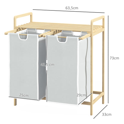 Bamboo Laundry Basket 2 Compartments Laundry Collector with Handle, 2 Removable Laundry Bags, Platform, Laundry Box Laundry Sorter for Laundry Room Bedroom Bathroom Natural + Cream