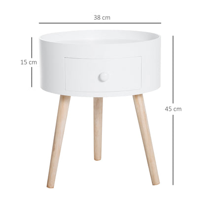 Coffee Table Living Room Table with Drawer Round Side Table with Wooden Legs End Table Coffee Table for Living Room 38 x 38 x 45 cm, White