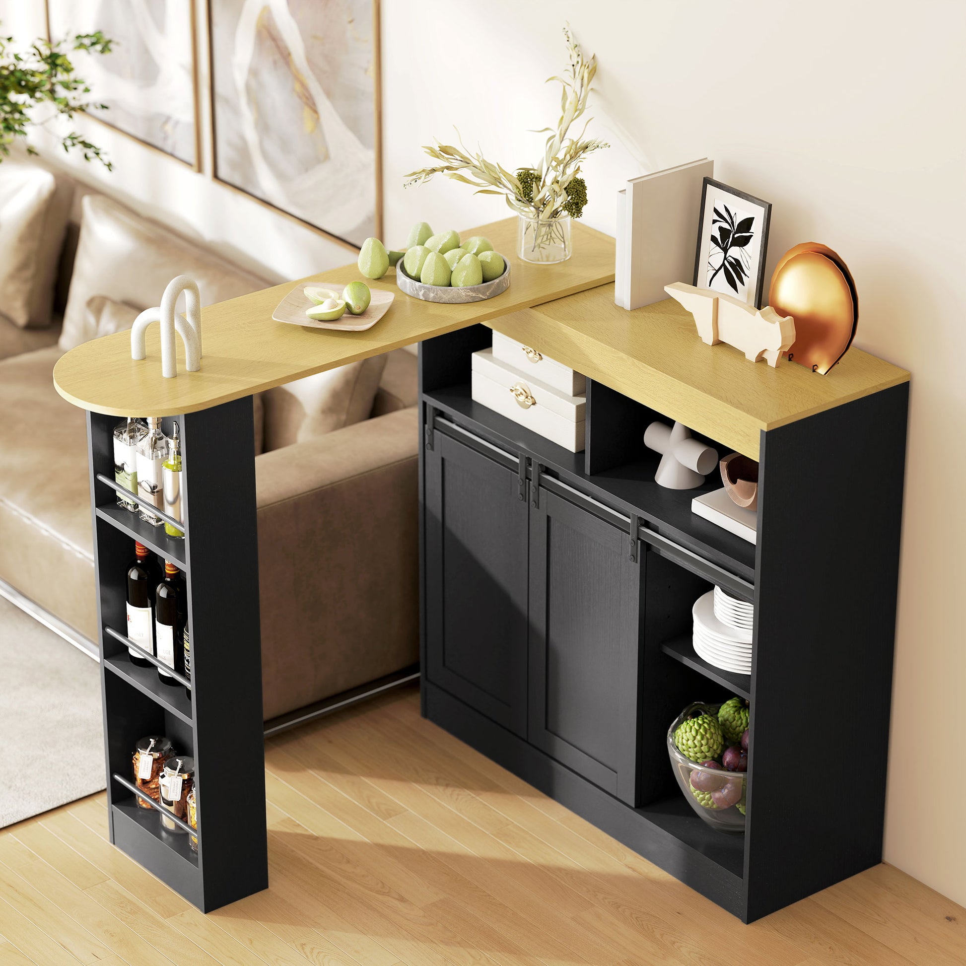 Extendable Bar Table 360° Rotatable Dining Table with Storage High Table Bistro Table Kitchen Counter with 8 Shelves and 2 Sliding Doors for Dining Room 187.5 x 35 x 105 cm Black