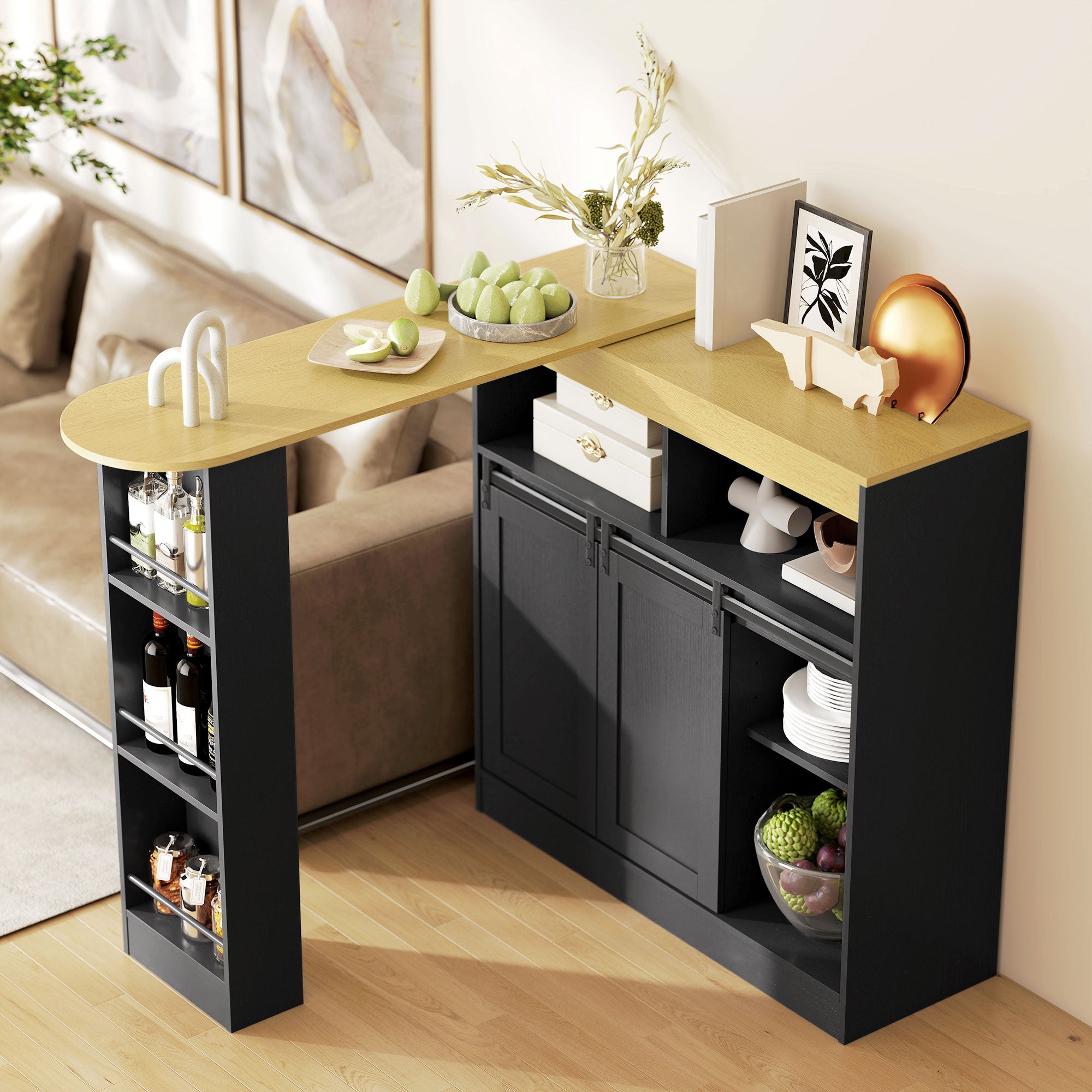 Extendable Bar Table 360° Rotatable Dining Table with Storage High Table Bistro Table Kitchen Counter with 8 Shelves and 2 Sliding Doors for Dining Room 187.5 x 35 x 105 cm Black