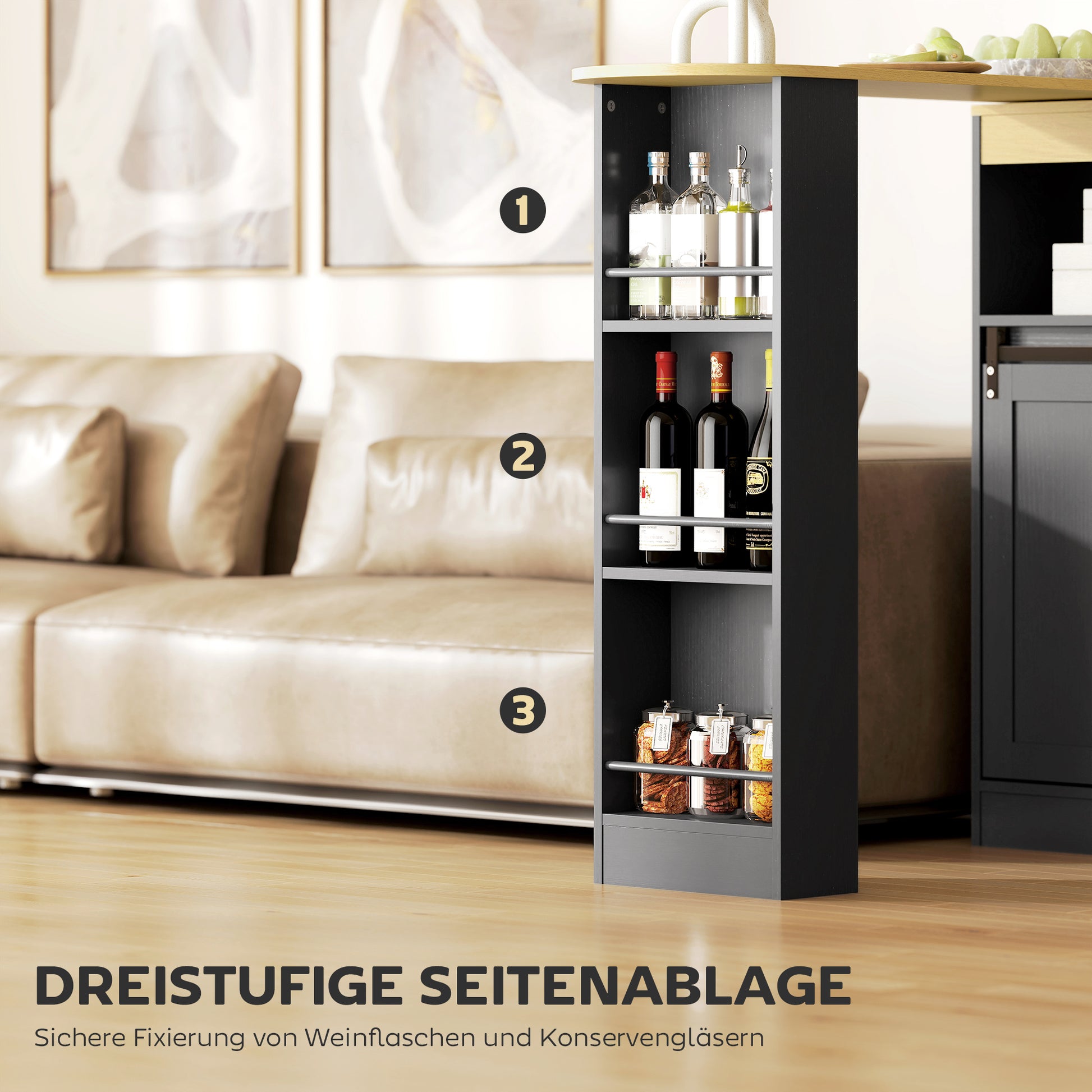 Extendable Bar Table 360° Rotatable Dining Table with Storage High Table Bistro Table Kitchen Counter with 8 Shelves and 2 Sliding Doors for Dining Room 187.5 x 35 x 105 cm Black