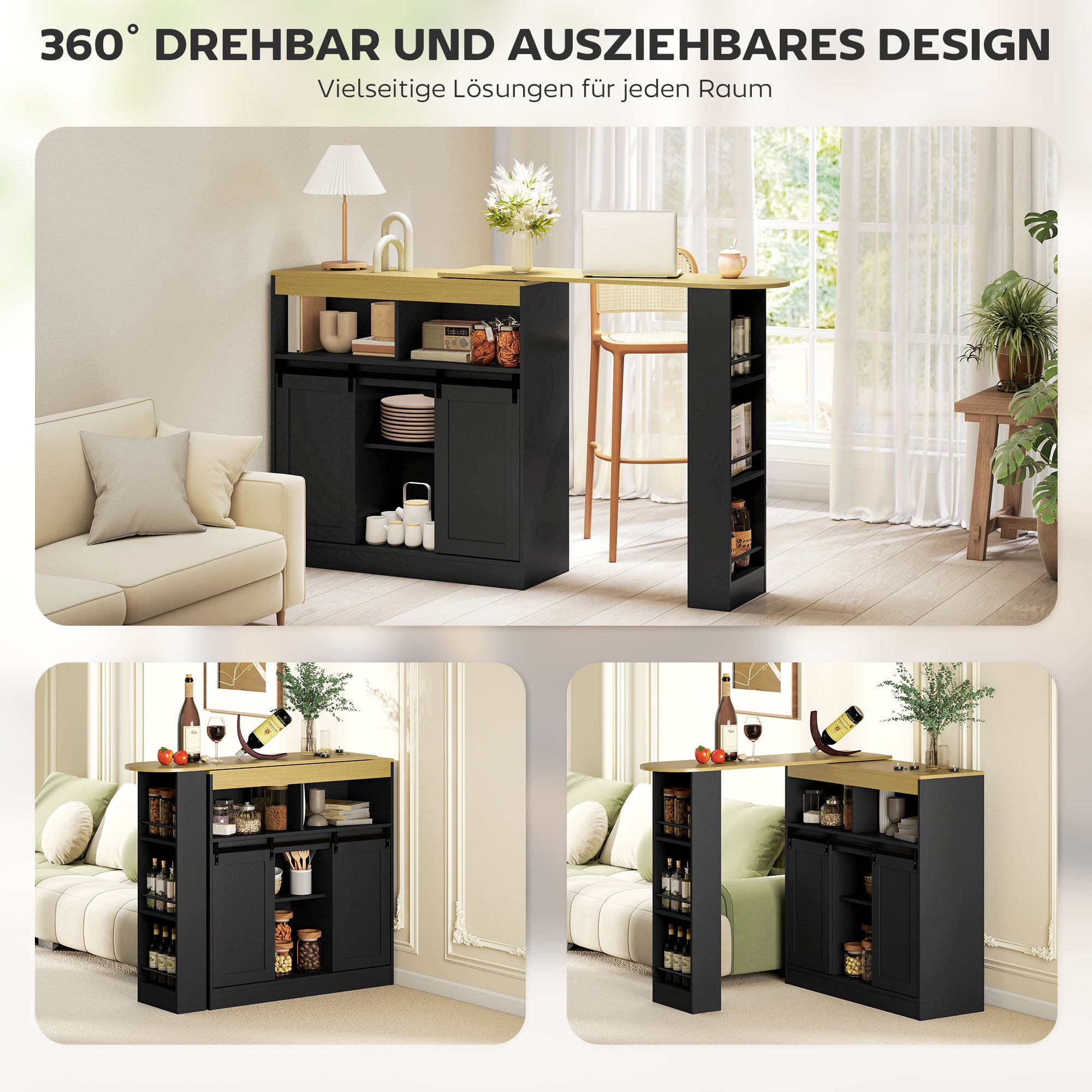 Extendable Bar Table 360° Rotatable Dining Table with Storage High Table Bistro Table Kitchen Counter with 8 Shelves and 2 Sliding Doors for Dining Room 187.5 x 35 x 105 cm Black