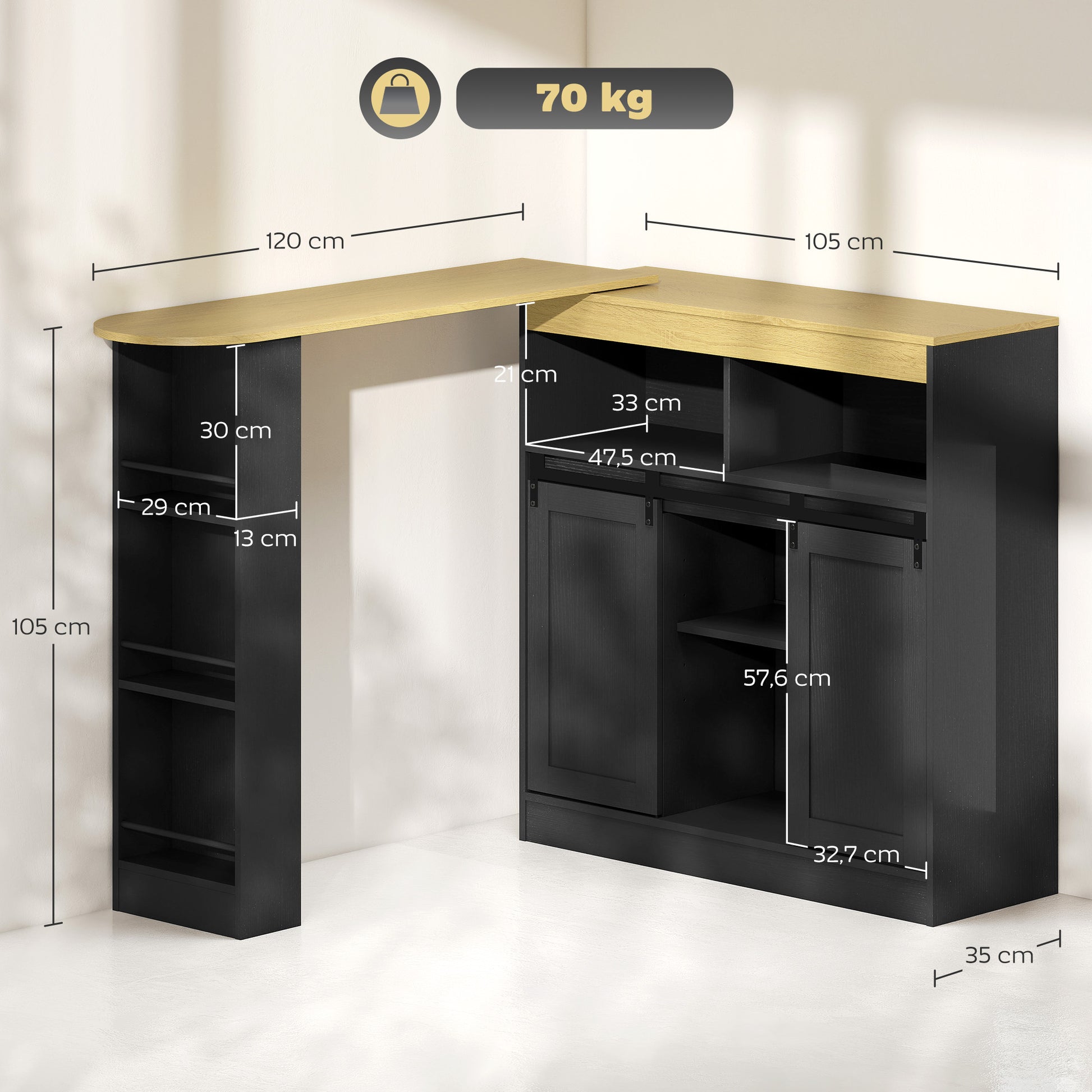 Extendable Bar Table 360° Rotatable Dining Table with Storage High Table Bistro Table Kitchen Counter with 8 Shelves and 2 Sliding Doors for Dining Room 187.5 x 35 x 105 cm Black