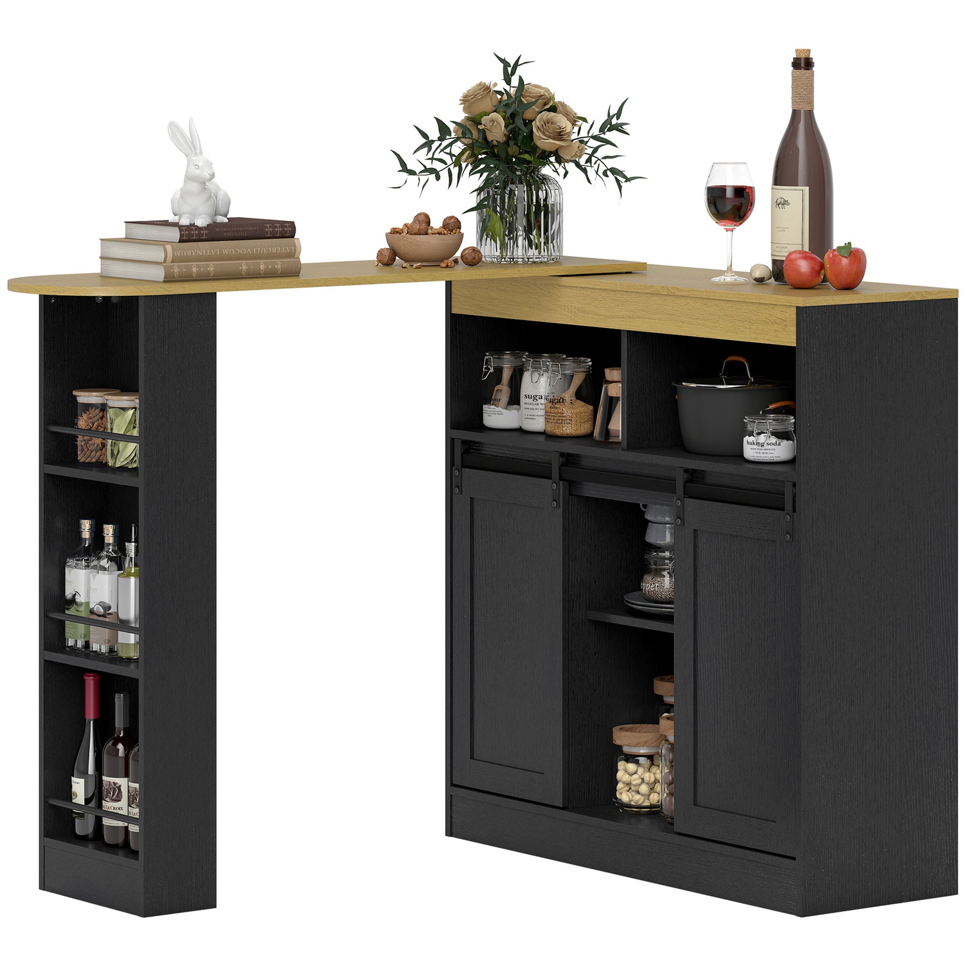 Extendable Bar Table 360° Rotatable Dining Table with Storage High Table Bistro Table Kitchen Counter with 8 Shelves and 2 Sliding Doors for Dining Room 187.5 x 35 x 105 cm Black