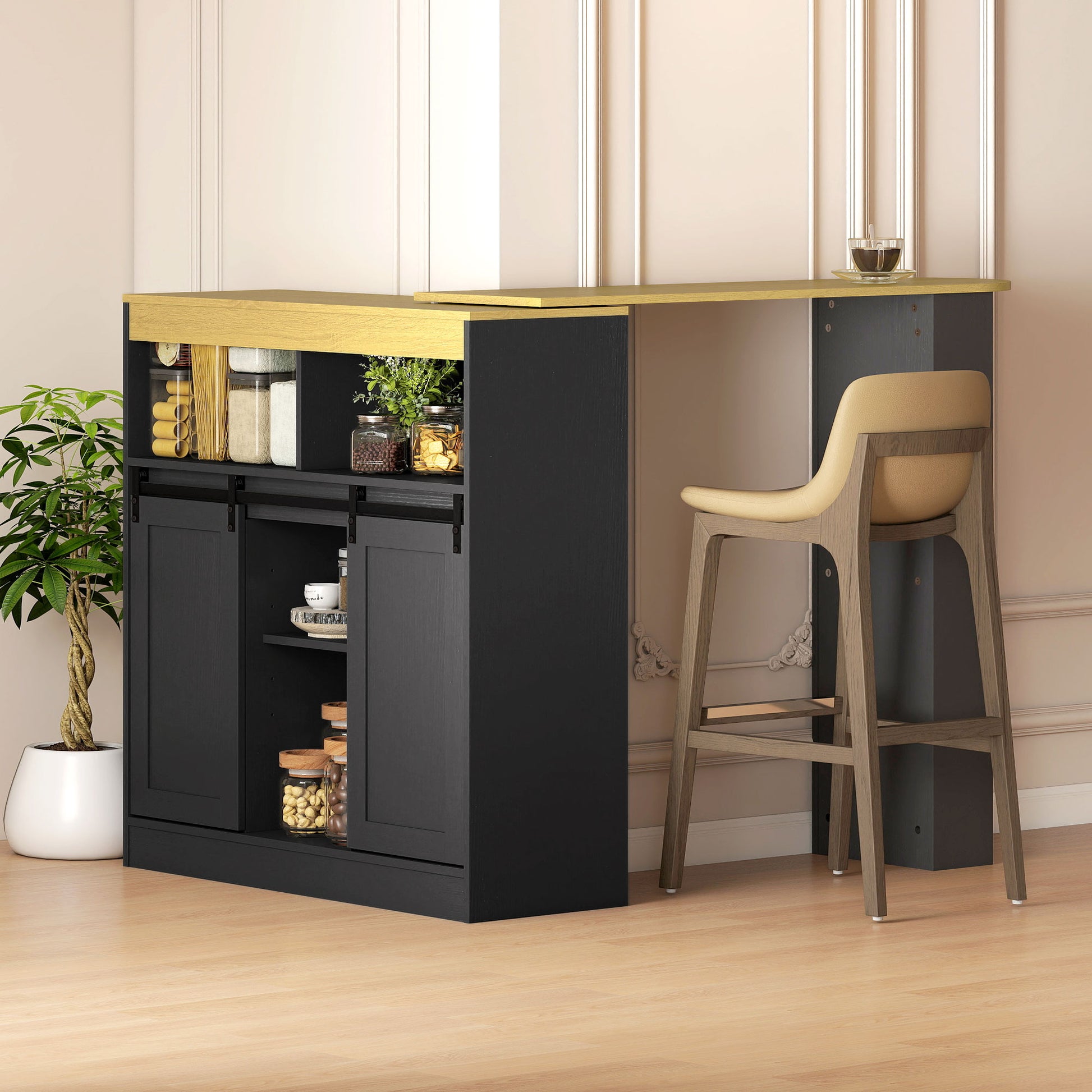 Extendable Bar Table 360° Rotatable Dining Table with Storage High Table Bistro Table Kitchen Counter with 8 Shelves and 2 Sliding Doors for Dining Room 187.5 x 35 x 105 cm Black