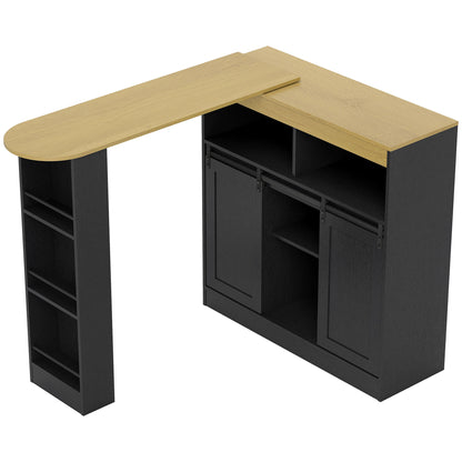 Extendable Bar Table 360° Rotatable Dining Table with Storage High Table Bistro Table Kitchen Counter with 8 Shelves and 2 Sliding Doors for Dining Room 187.5 x 35 x 105 cm Black