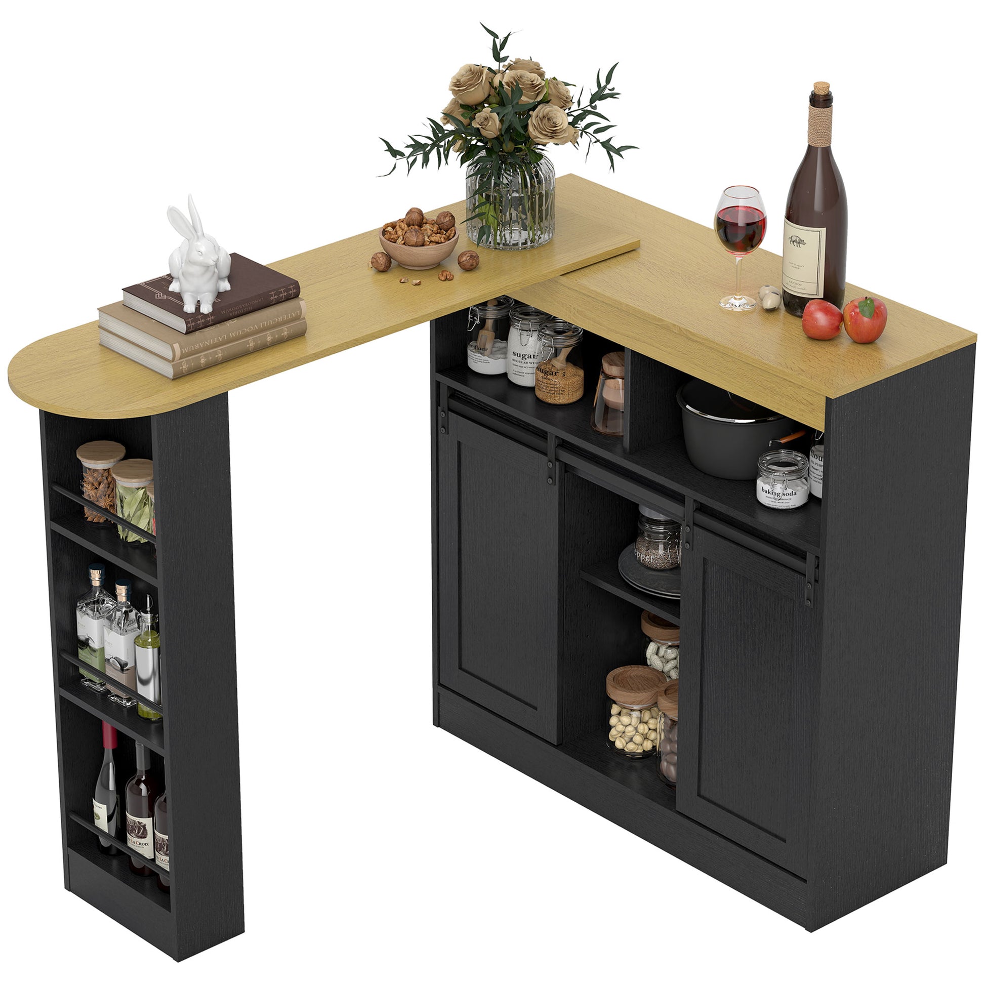Extendable Bar Table 360° Rotatable Dining Table with Storage High Table Bistro Table Kitchen Counter with 8 Shelves and 2 Sliding Doors for Dining Room 187.5 x 35 x 105 cm Black