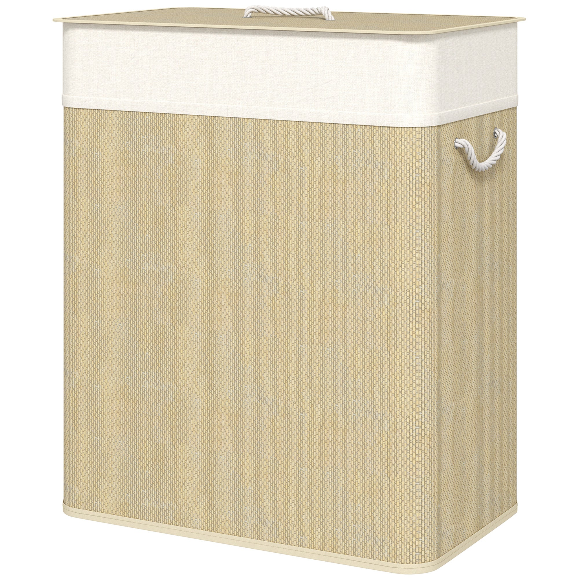 Bamboo Laundry Hamper with Lid 100L Laundry Basket with 2 Compartments Removable Inner Bag for Laundry Room Bedroom 52x32x63 cm Natural