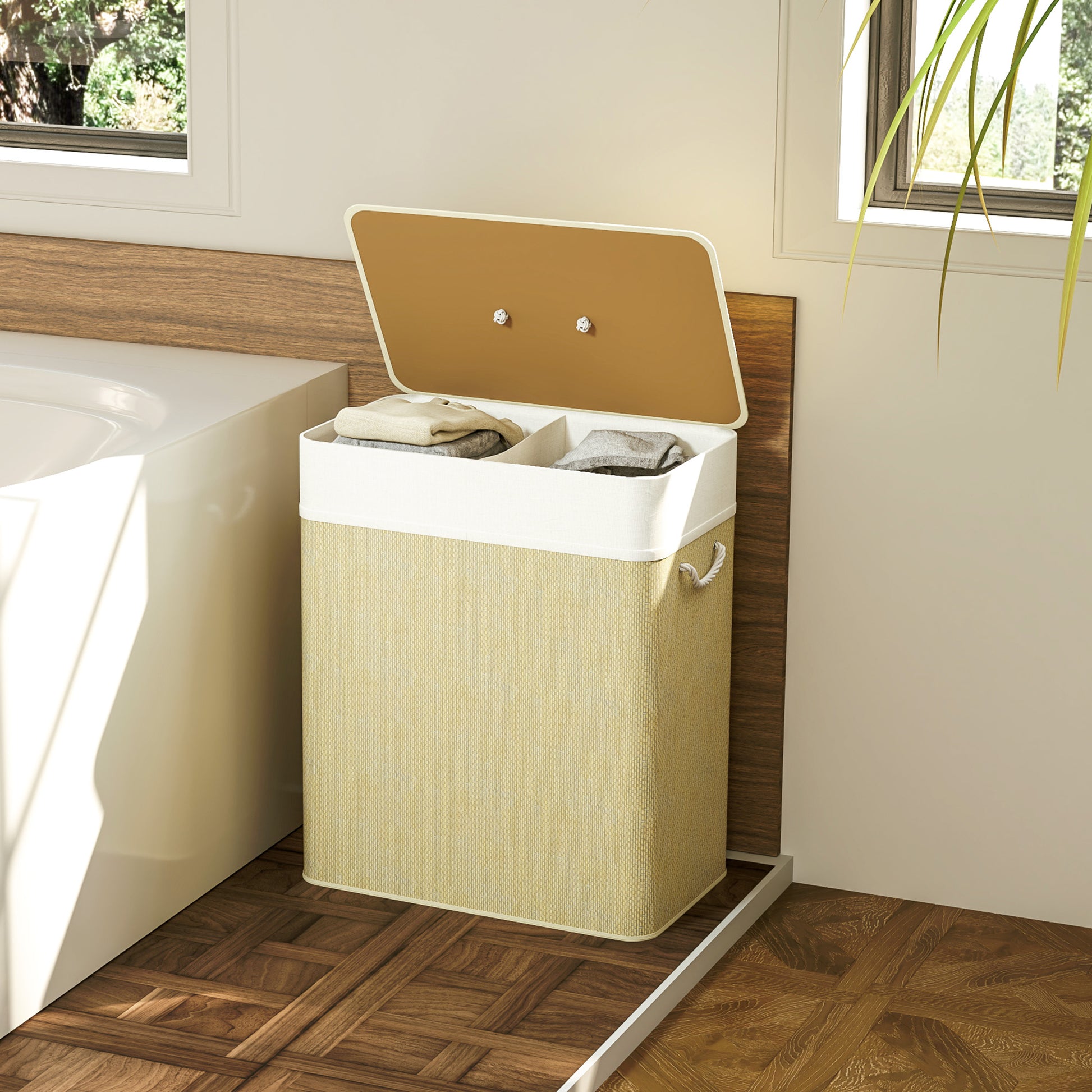Bamboo Laundry Hamper with Lid 100L Laundry Basket with 2 Compartments Removable Inner Bag for Laundry Room Bedroom 52x32x63 cm Natural