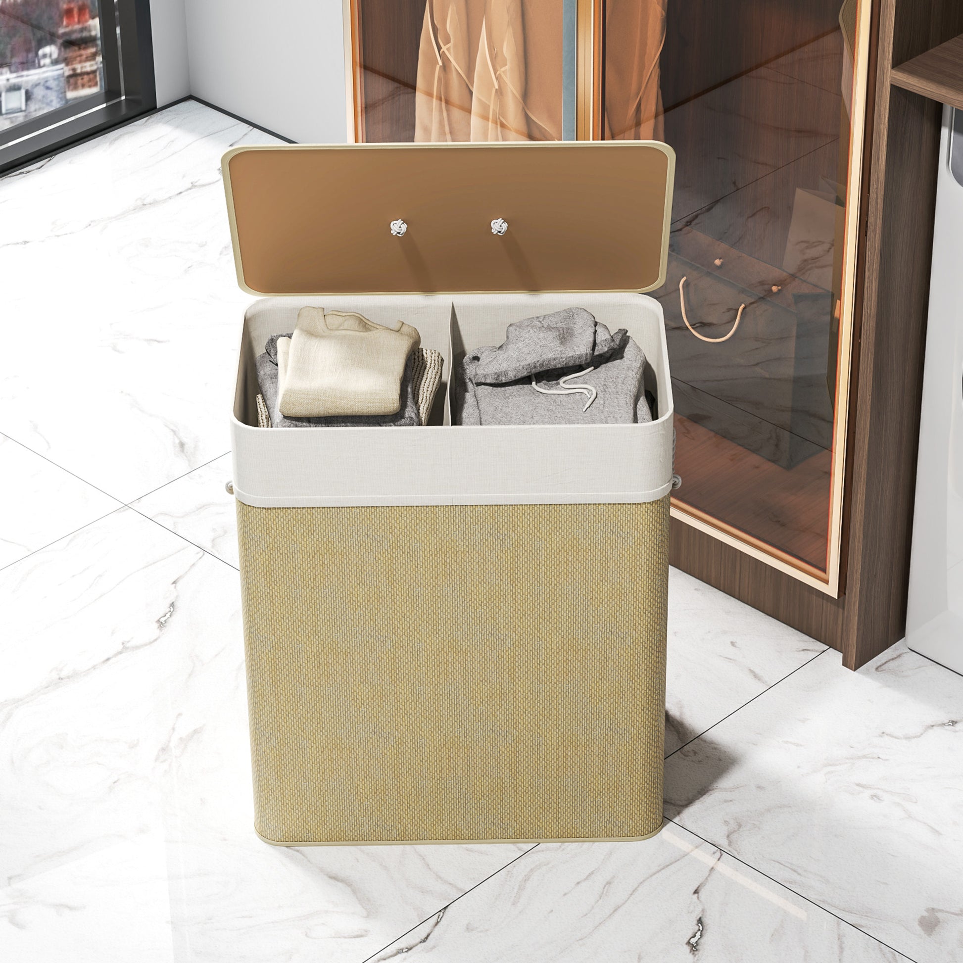 Bamboo Laundry Hamper with Lid 100L Laundry Basket with 2 Compartments Removable Inner Bag for Laundry Room Bedroom 52x32x63 cm Natural