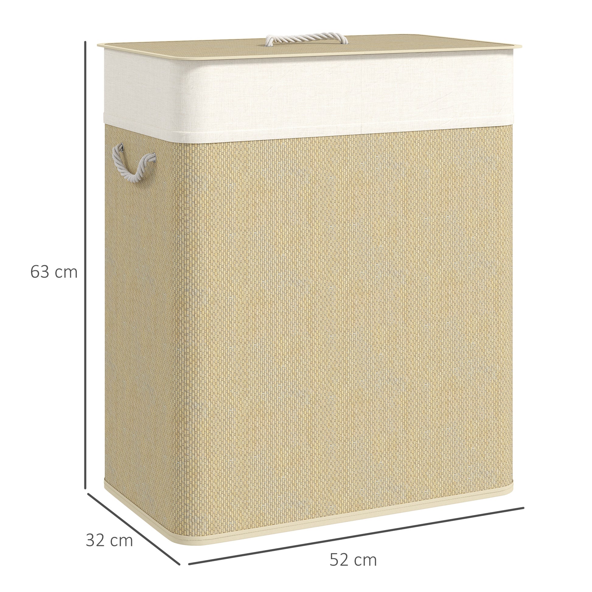 Bamboo Laundry Hamper with Lid 100L Laundry Basket with 2 Compartments Removable Inner Bag for Laundry Room Bedroom 52x32x63 cm Natural