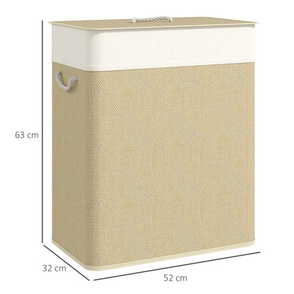 Bamboo Laundry Hamper with Lid 100L Laundry Basket with 2 Compartments Removable Inner Bag for Laundry Room Bedroom 52x32x63 cm Natural