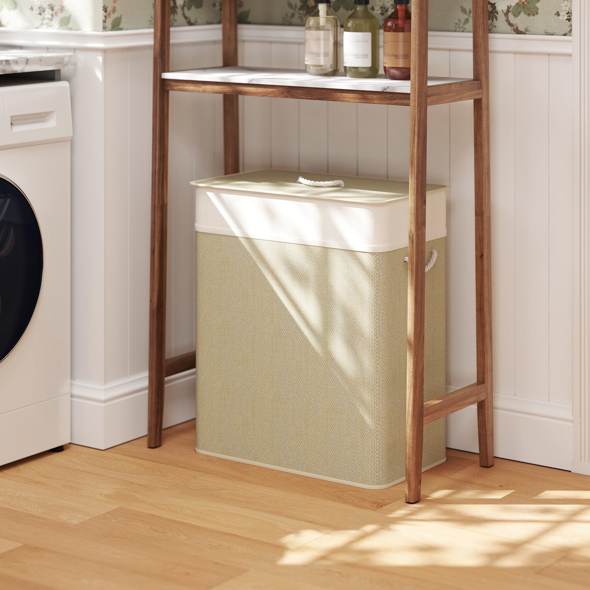 Bamboo Laundry Hamper with Lid 100L Laundry Basket with 2 Compartments Removable Inner Bag for Laundry Room Bedroom 52x32x63 cm Natural