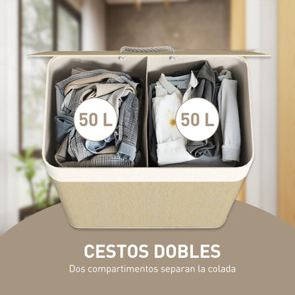 Bamboo Laundry Hamper with Lid 100L Laundry Basket with 2 Compartments Removable Inner Bag for Laundry Room Bedroom 52x32x63 cm Natural