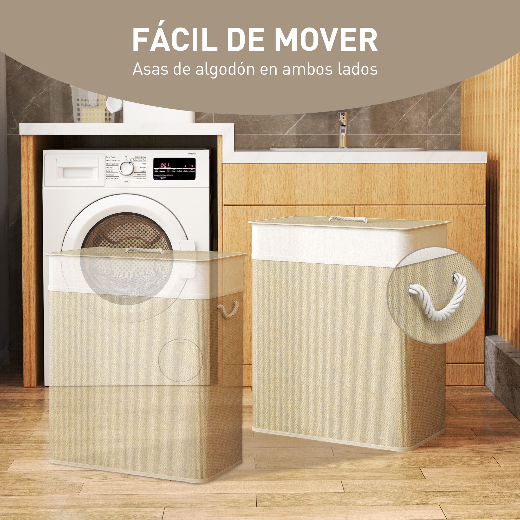 Bamboo Laundry Hamper with Lid 100L Laundry Basket with 2 Compartments Removable Inner Bag for Laundry Room Bedroom 52x32x63 cm Natural