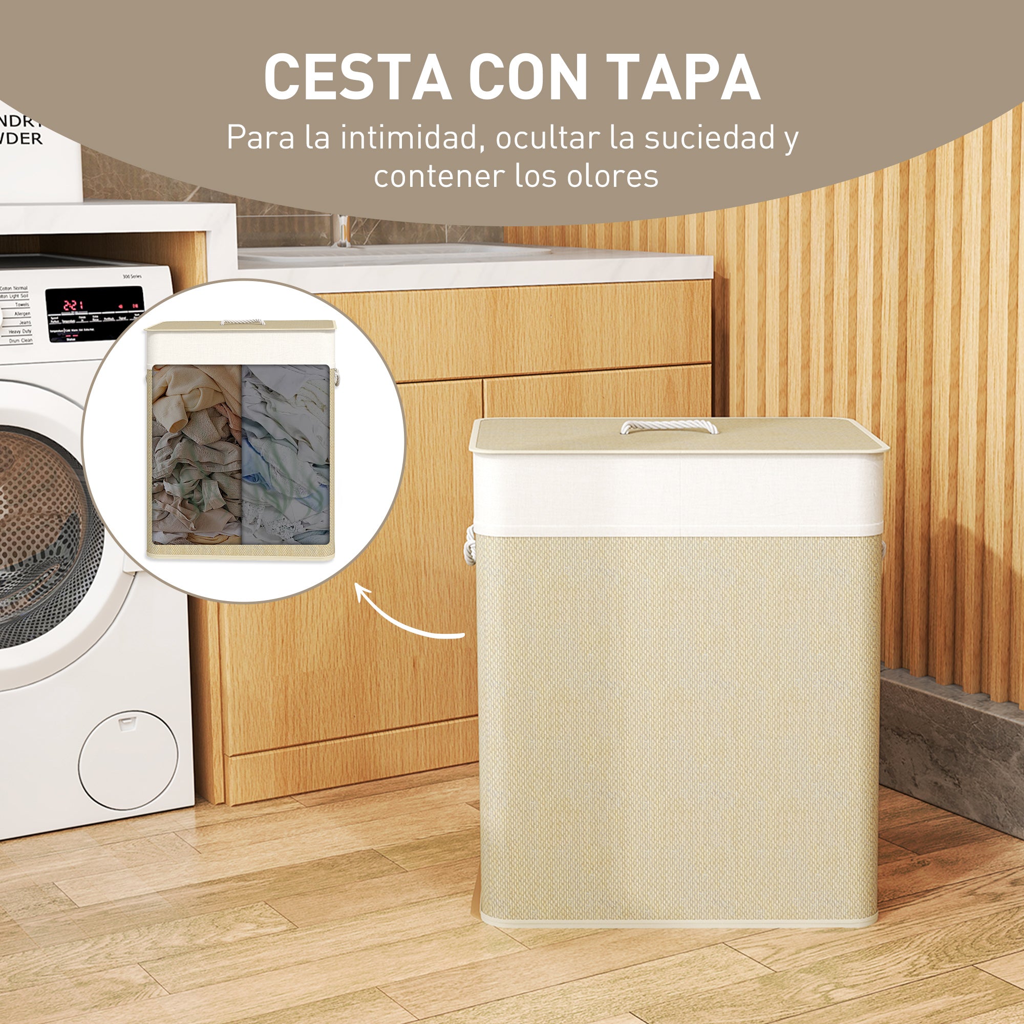 Bamboo Laundry Hamper with Lid 100L Laundry Basket with 2 Compartments Removable Inner Bag for Laundry Room Bedroom 52x32x63 cm Natural