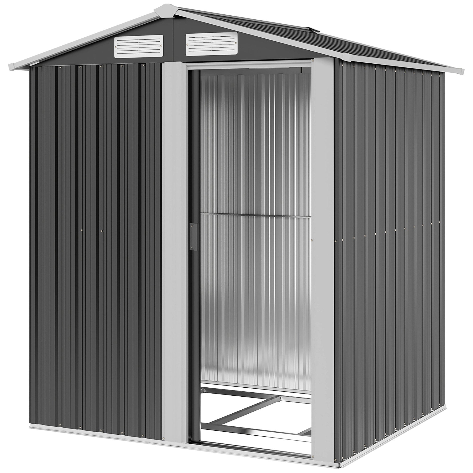 Zinc-Coated Steel Garden Shed, Tool Storage Shed with Sloping Roof and 4 Air Vents, 152x132x188cm, Dark Grey and White
