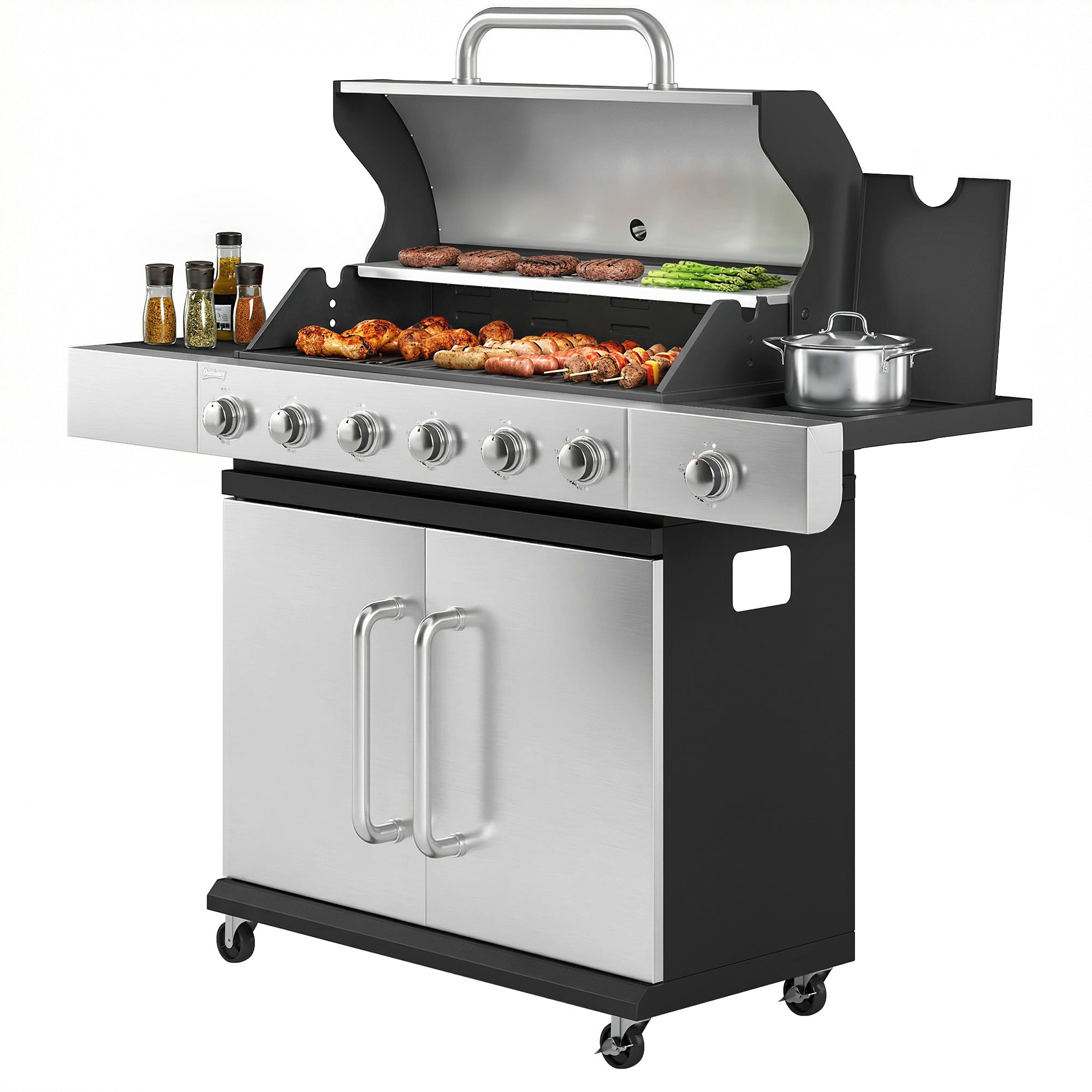 18.6 kW 6+1-Burner Stainless Steel Gas Grill Cart — Side Burner, Thermometer, Cast-Iron Grates, Warming Rack & Cabinet