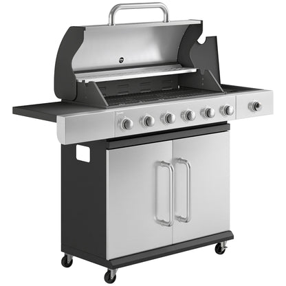 18.6 kW 6+1-Burner Stainless Steel Gas Grill Cart — Side Burner, Thermometer, Cast-Iron Grates, Warming Rack & Cabinet