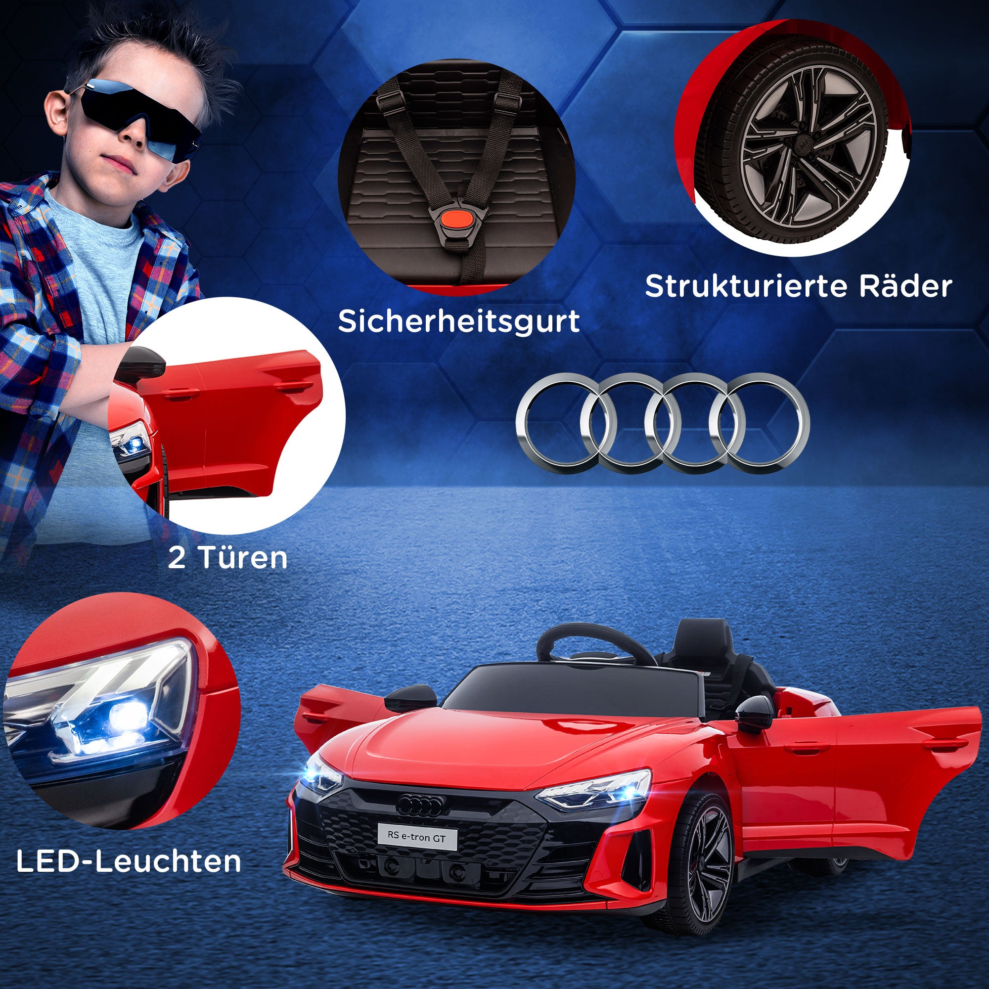 Kids Electric Car 12V Children's Vehicle with 2.4 GHz Remote Control, 2 Motors, Kids Car with 4 Sprung Wheels, Horn, Headlights, Music, Soft Start, Training Wheel, for 3-5 Years, Red