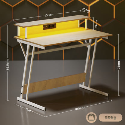 Gaming Desk with LED Lights 100x60 cm Gamer Desk with Power Outlets Monitor Stand Shelves and Remote Control for Office Natural Study
