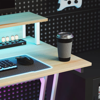 Gaming Desk with LED Lights 100x60 cm Gamer Desk with Power Outlets Monitor Stand Shelves and Remote Control for Office Natural Study
