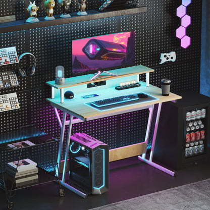 Gaming Desk with LED Lights 100x60 cm Gamer Desk with Power Outlets Monitor Stand Shelves and Remote Control for Office Natural Study