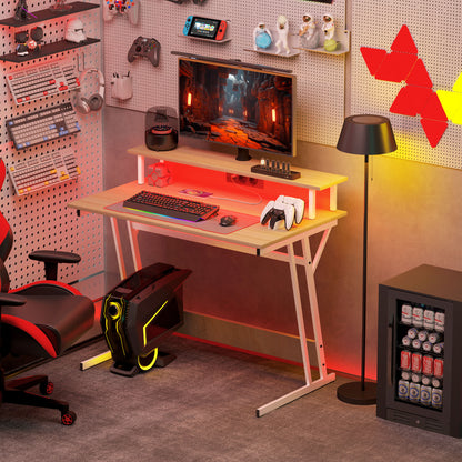 Gaming Desk with LED Lights 100x60 cm Gamer Desk with Power Outlets Monitor Stand Shelves and Remote Control for Office Natural Study