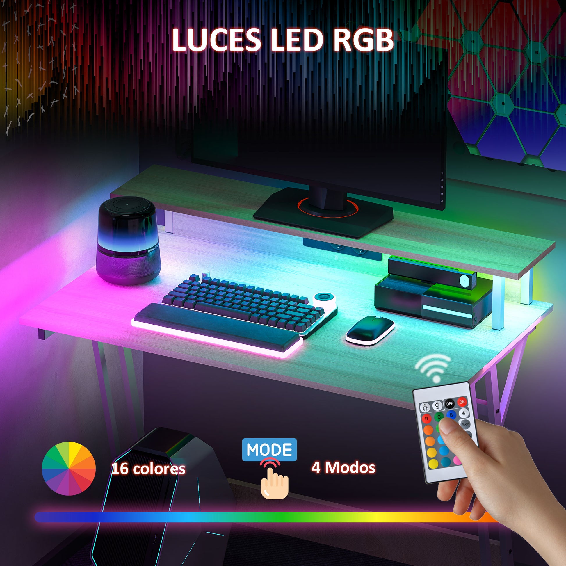 Gaming Desk with LED Lights 100x60 cm Gamer Desk with Power Outlets Monitor Stand Shelves and Remote Control for Office Natural Study